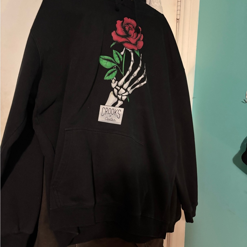 Crooks & Castles Black Hoodie with Skeleton and Rose